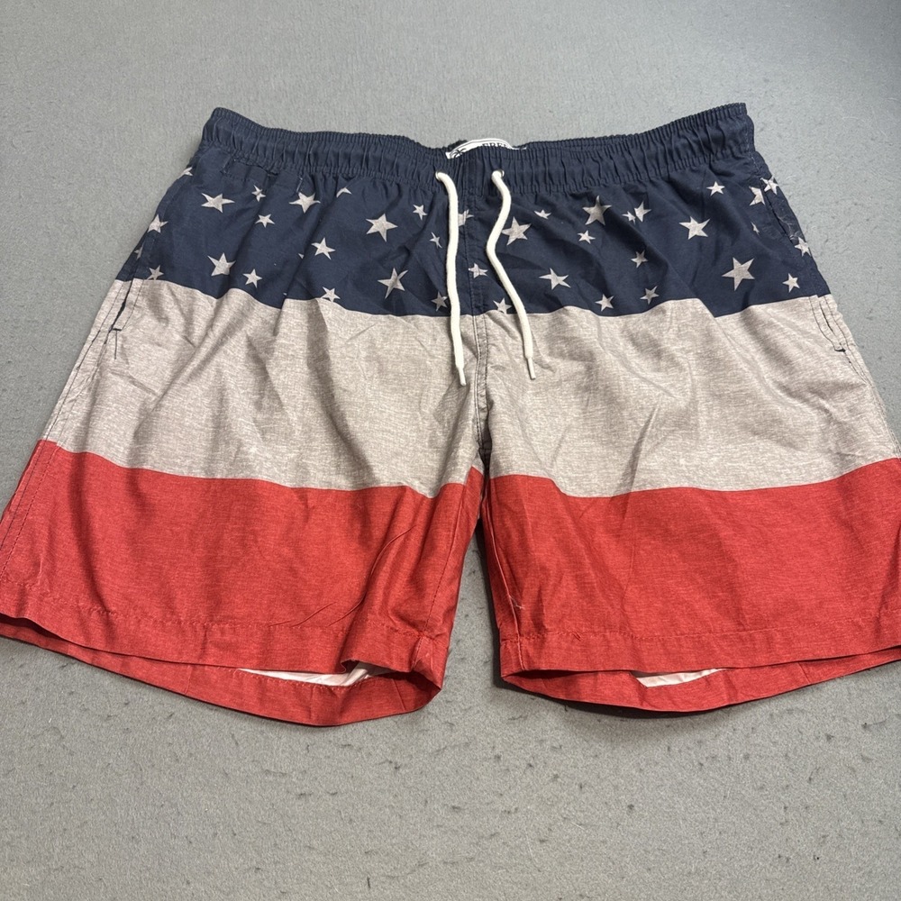 Free Planet Swim Trunks Mens XL Red White Blue Flag Lined DrawstringClassic...